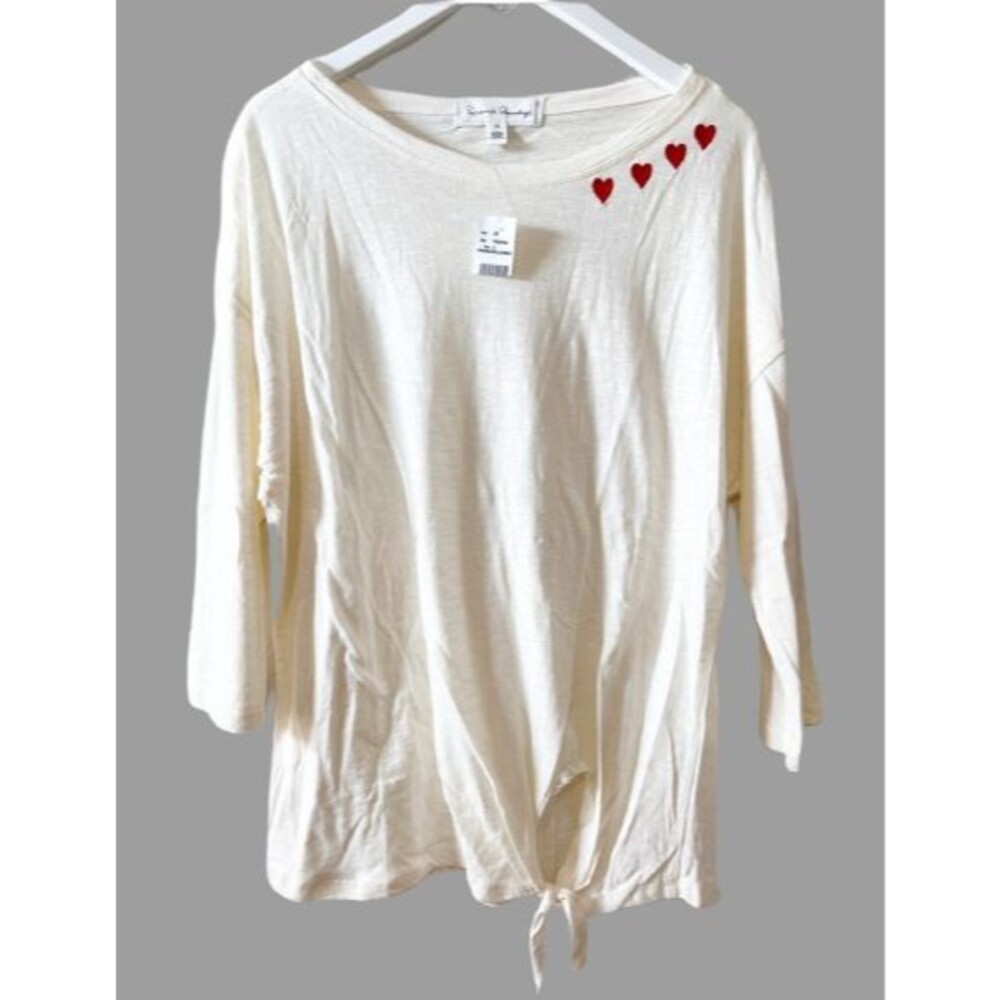 NWT French Laundry 1X Cream Top Embroidered Hearts T-Shirt 3/4 Sleeve Tie Front